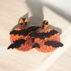 Halloween Earrings Sparkly orange beaded with black Bats
